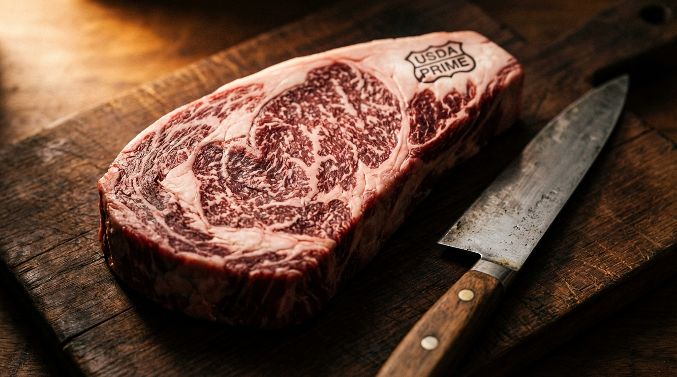American wagyu ribeye showing moderate marbling with USDA Prime grade quality