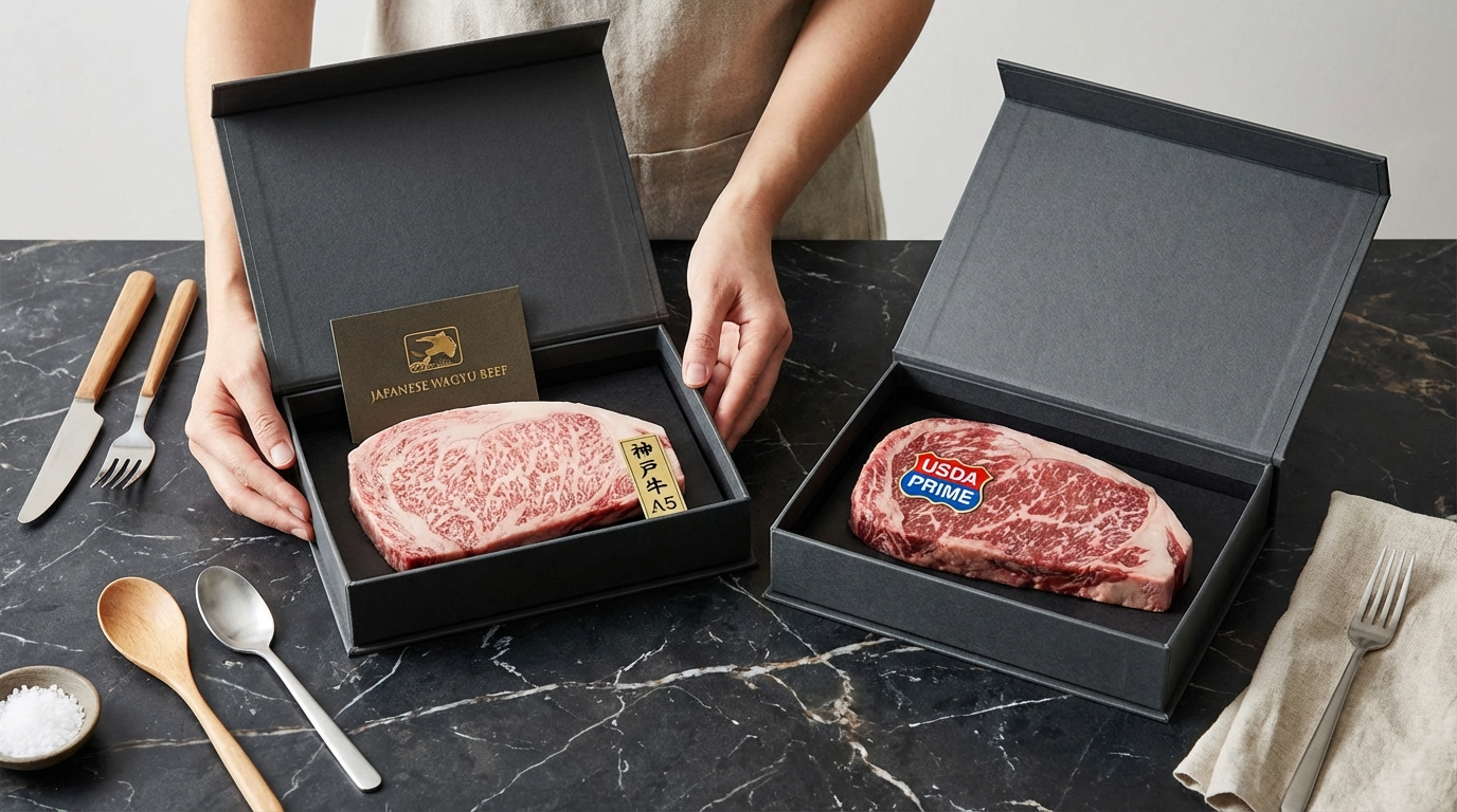 Premium wagyu steaks in luxury packaging with Japanese A5 certification and American wagyu labels