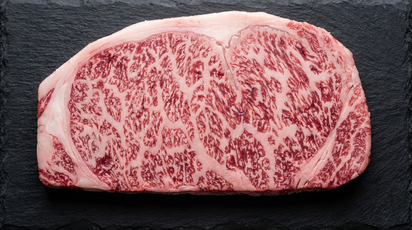 Japanese A5 wagyu cross-section showing BMS 11 extraordinary intramuscular marbling