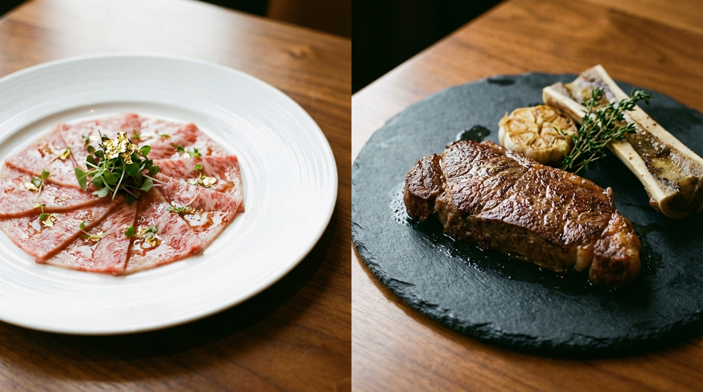 Thinly sliced Japanese A5 wagyu and thick-cut American wagyu showing contrasting serving styles