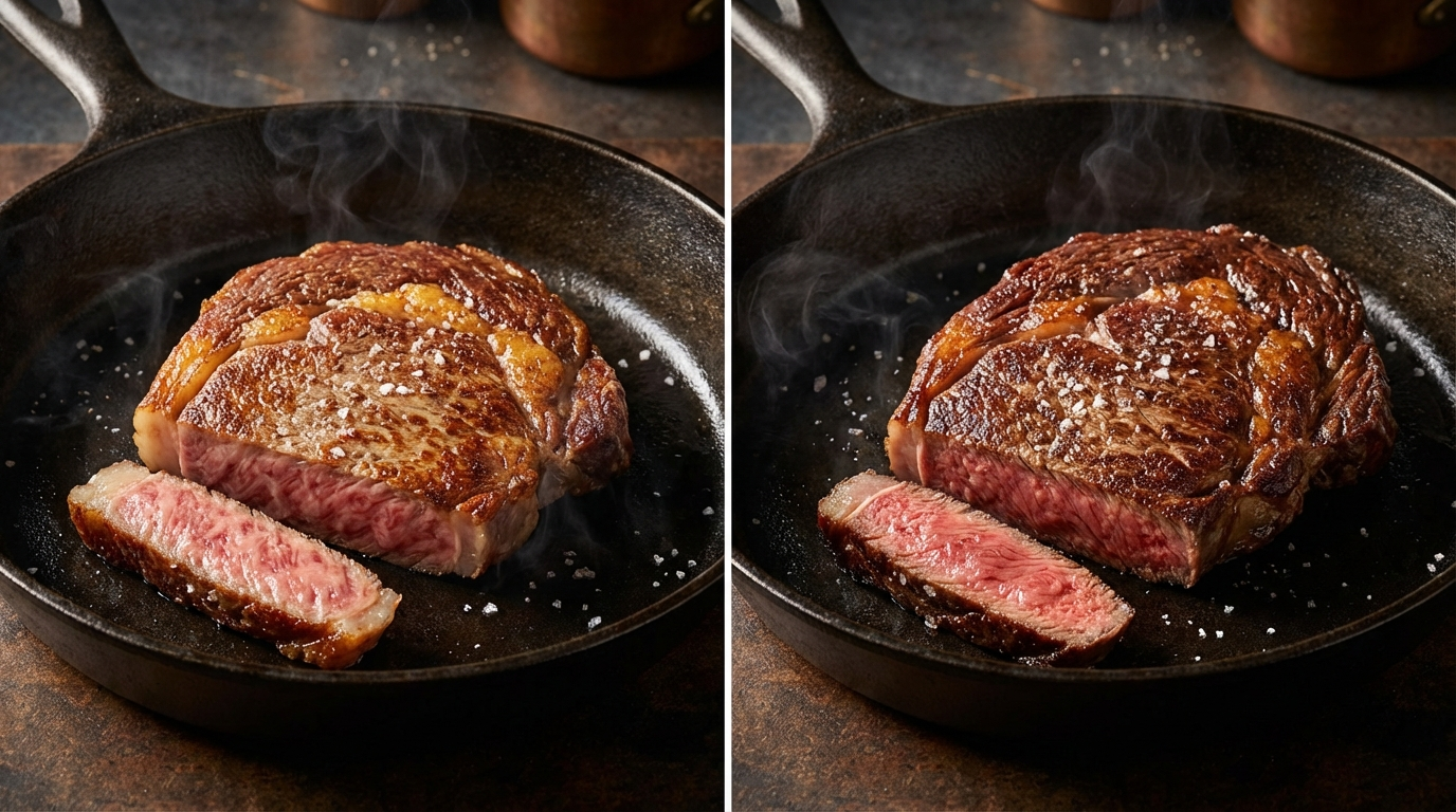 Side by side photos of properly seared A5 wagyu and Kobe beef showing golden brown crust with minimal fat render
