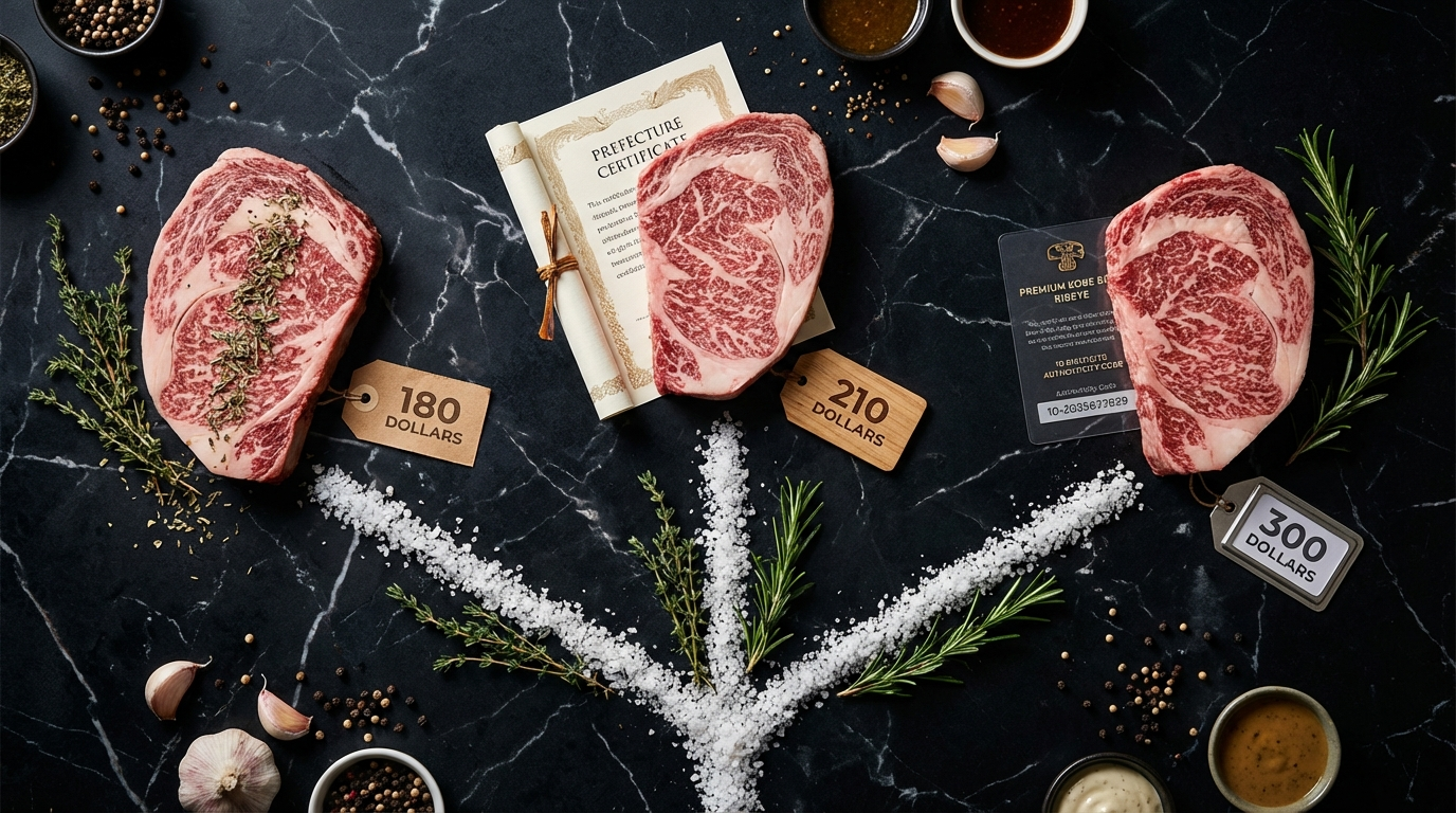 Decision flowchart showing when to choose generic A5 wagyu versus paying premium for certified Kobe beef