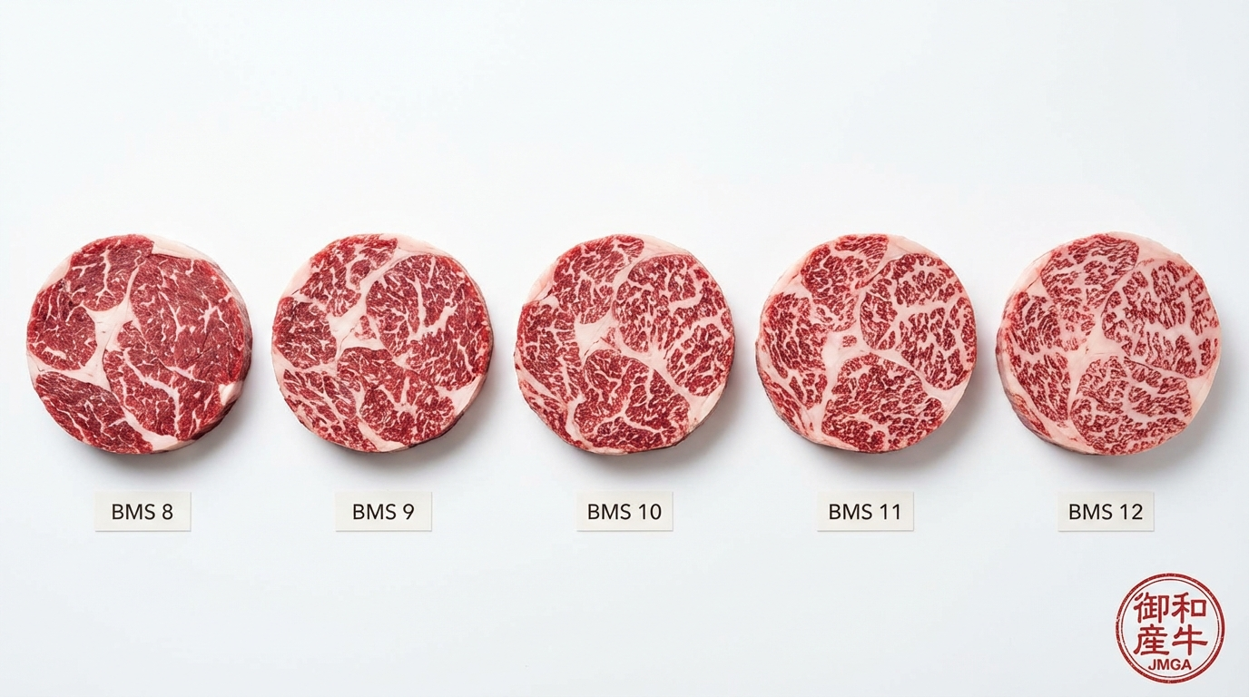 Visual chart showing Japan Meat Grading Association A5 requirements with BMS marbling scale 8 through 12