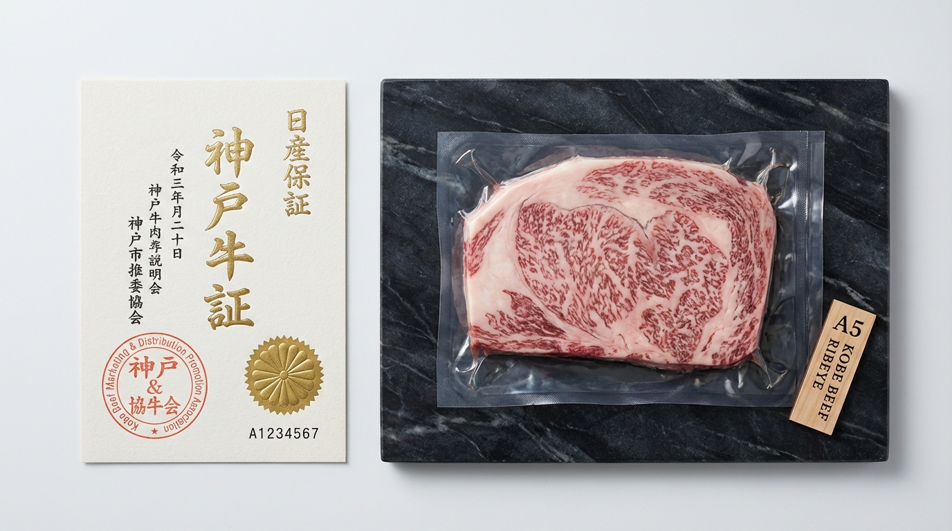 Kobe beef certificate with official authentication seal next to vacuum sealed A5 ribeye