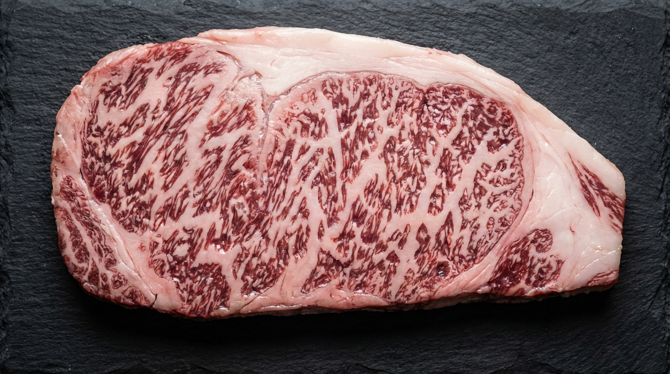 Extreme close-up of Kobe beef A5 marbling showing dense white fat webbing through red muscle