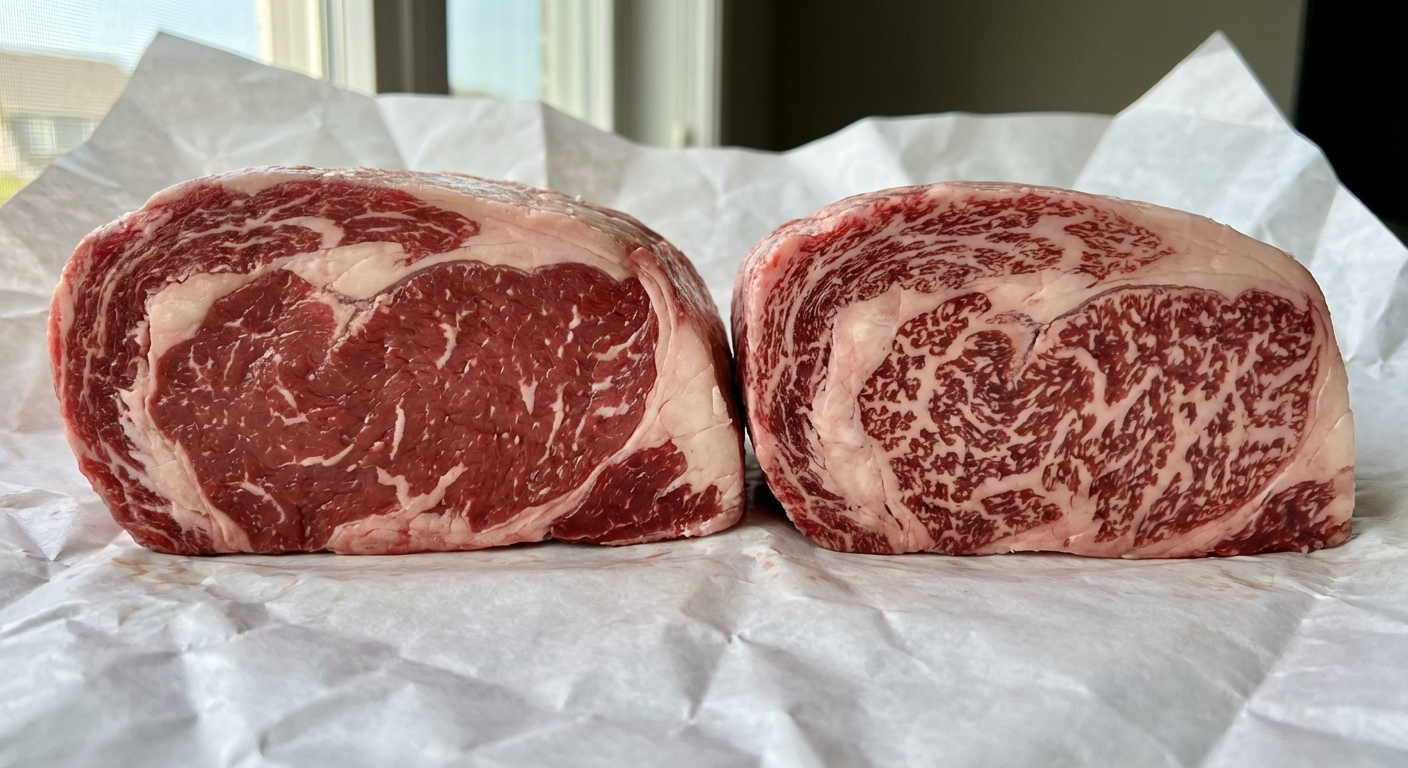 Close-up cross-section comparing Angus beef marbling with moderate white streaks against wagyu beef with dense snowflake-pattern intramuscular fat