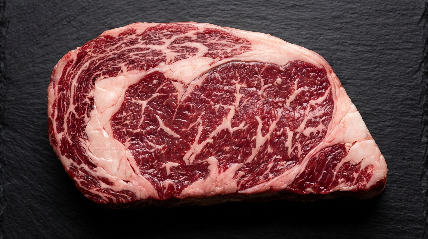 Angus wagyu ribeye cross-section showing BMS 6 marbling with moderate white fat webbing