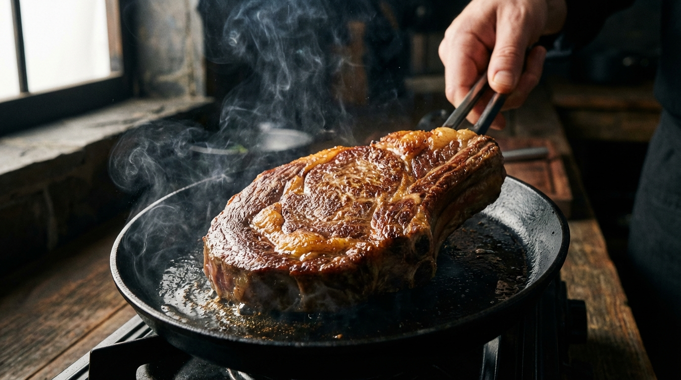 Angus wagyu ribeye being seared on cast iron with golden crust and steam rising
