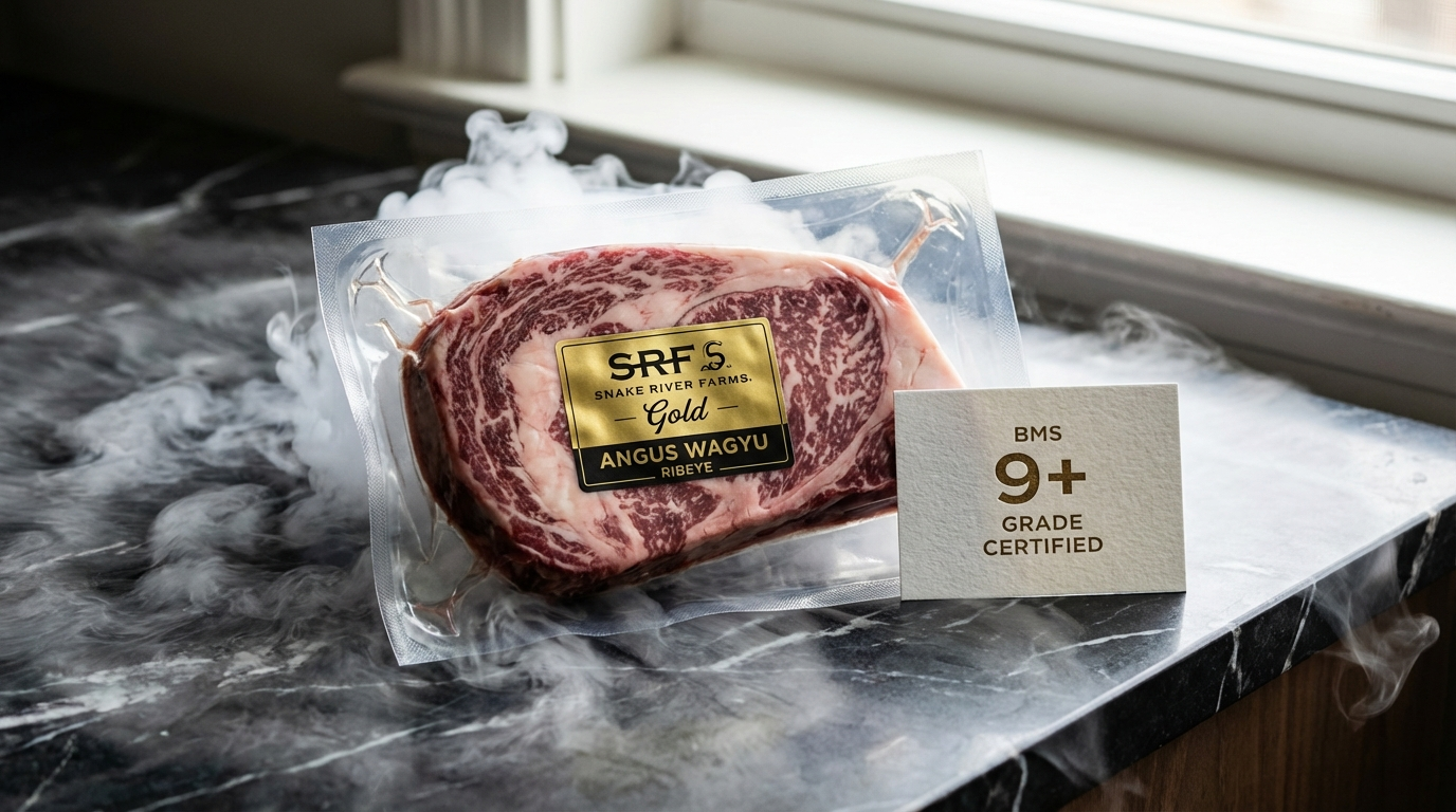 Premium angus wagyu ribeye in vacuum packaging with certification card showing BMS grade