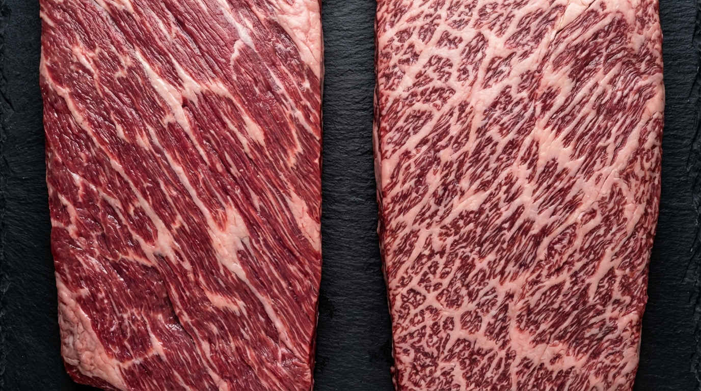 Raw brisket flat comparison showing USDA Prime lean marbling vs wagyu dense marbling pattern