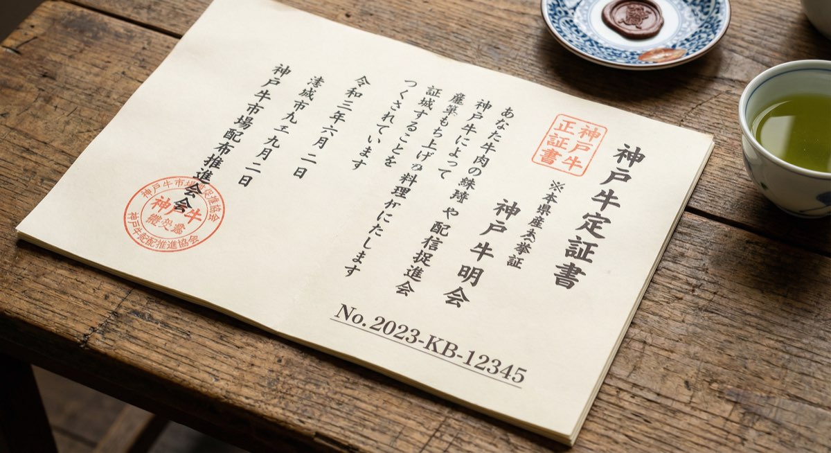 Authentic Kobe beef certificate with official Kobe Beef Marketing Association seal - AI generated