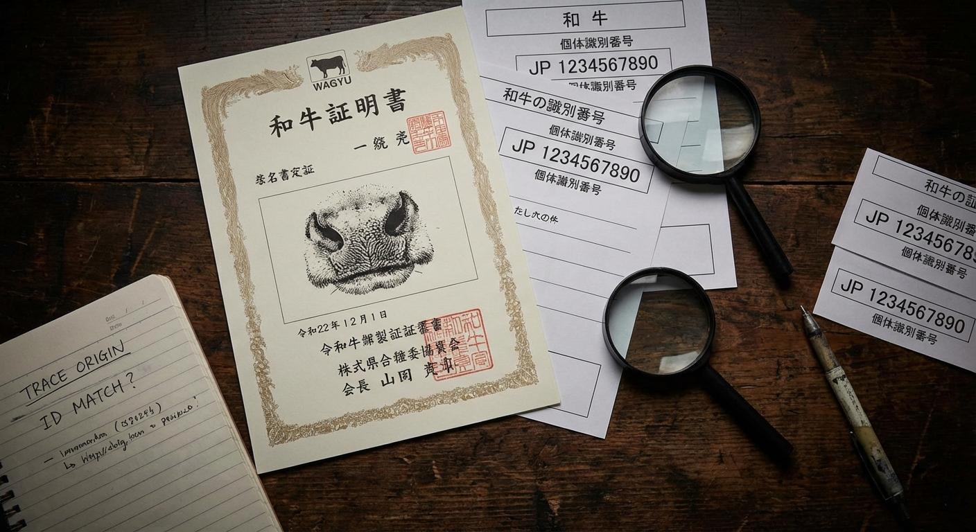 Japanese cattle ear tag with 10-digit identification number in farm setting - AI generated