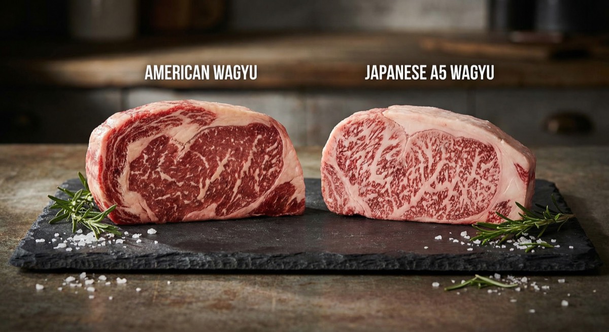 Comparison of American Wagyu and Japanese A5 Wagyu marbling patterns