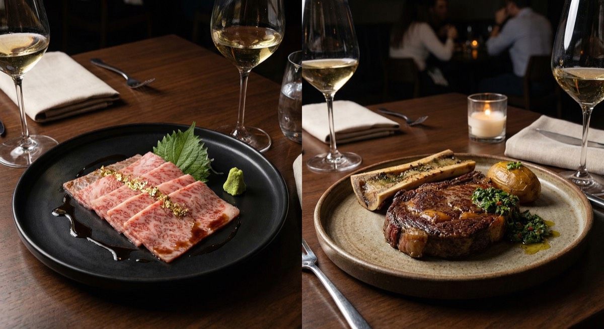 Elegant plated dinner comparing Japanese A5 wagyu and American Wagyu steak presentations