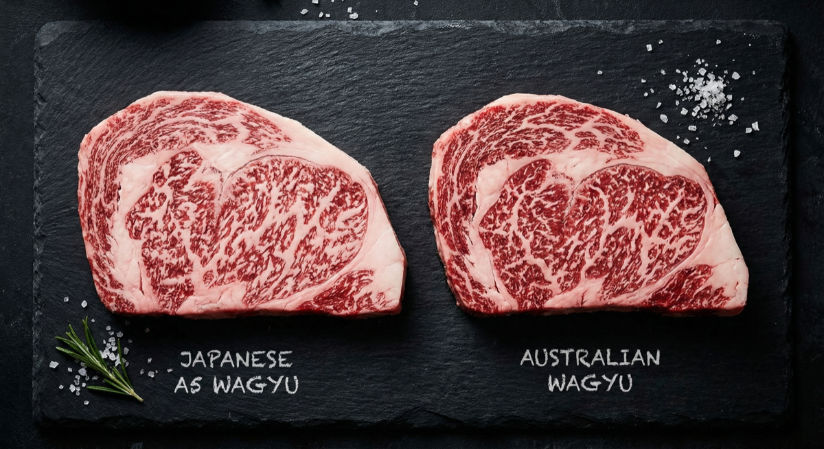 Side-by-side comparison of Japanese A5 Wagyu and Australian Wagyu steaks