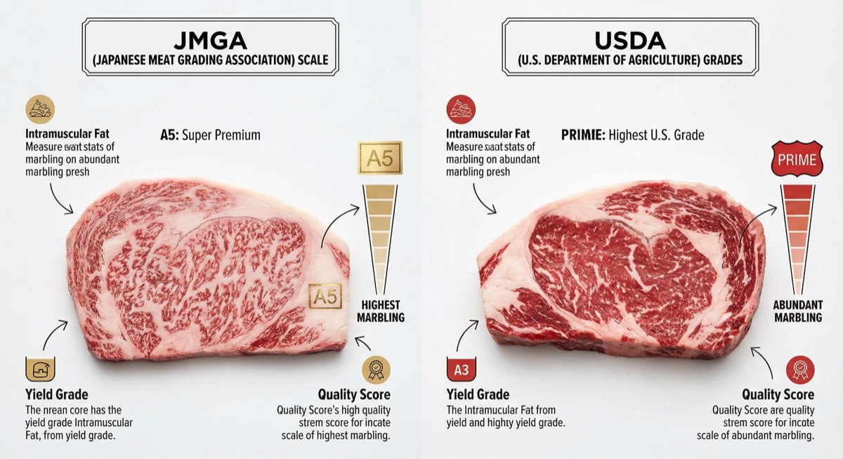 Infographic comparing JMGA and USDA grading scales with BMS numbers