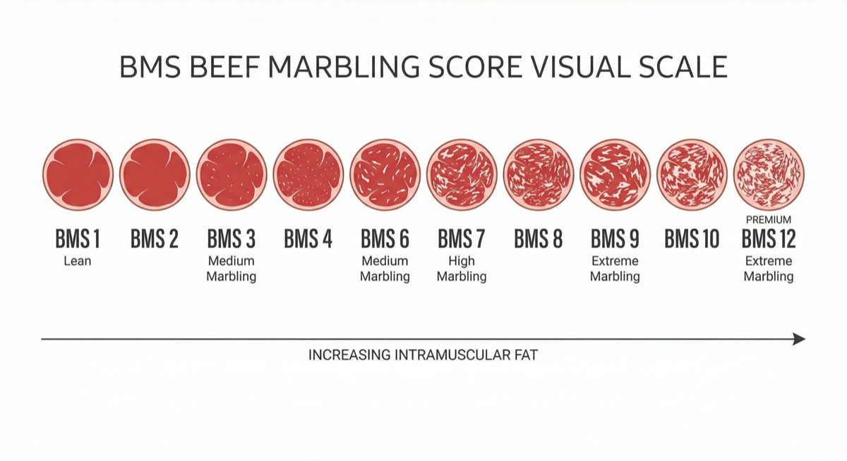 BMS marbling score scale from 1 to 12 showing increasing intramuscular fat distribution