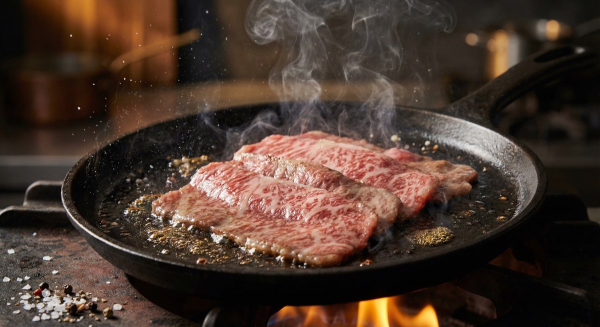 Thin slices of A5 wagyu being seared on a hot cast iron surface with visible smoke