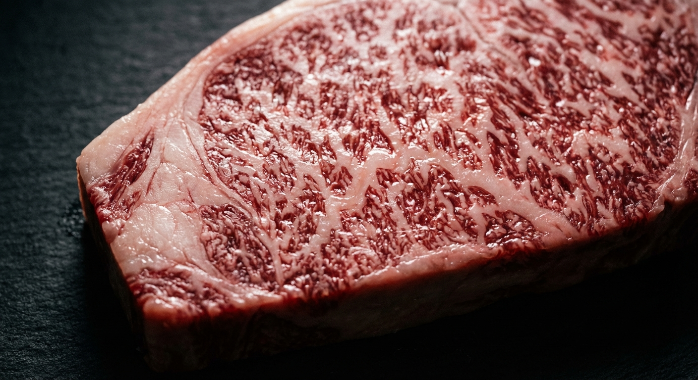 Extreme close-up of A5 Japanese wagyu marbling showing intricate fat distribution through deep red meat