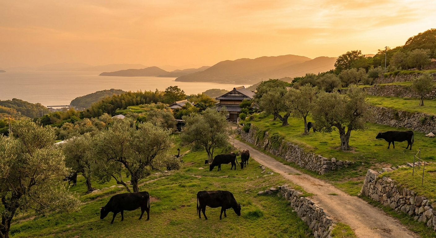 Japanese Black cattle grazing on Shodoshima Island with olive groves in the background