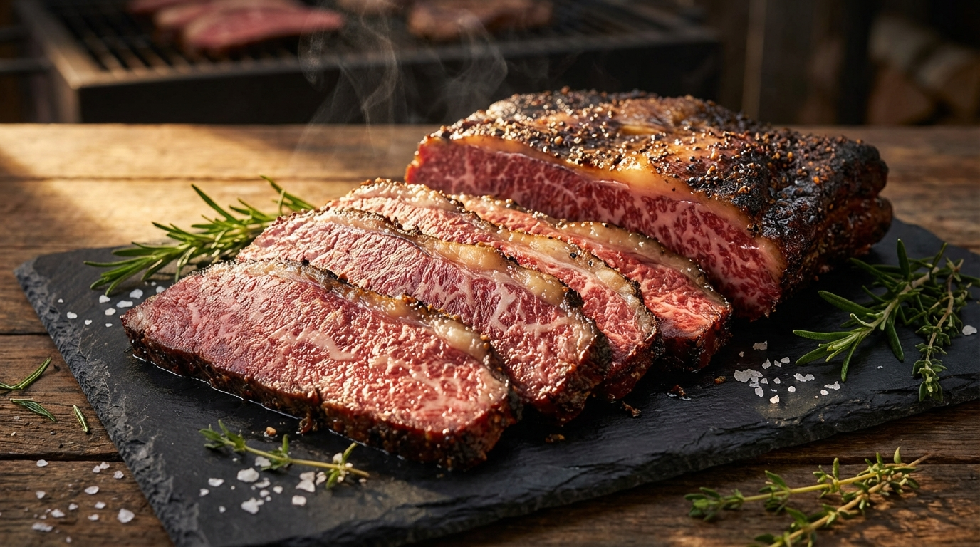 Perfectly sliced wagyu brisket showing pencil-thick slices with visible marbling throughout