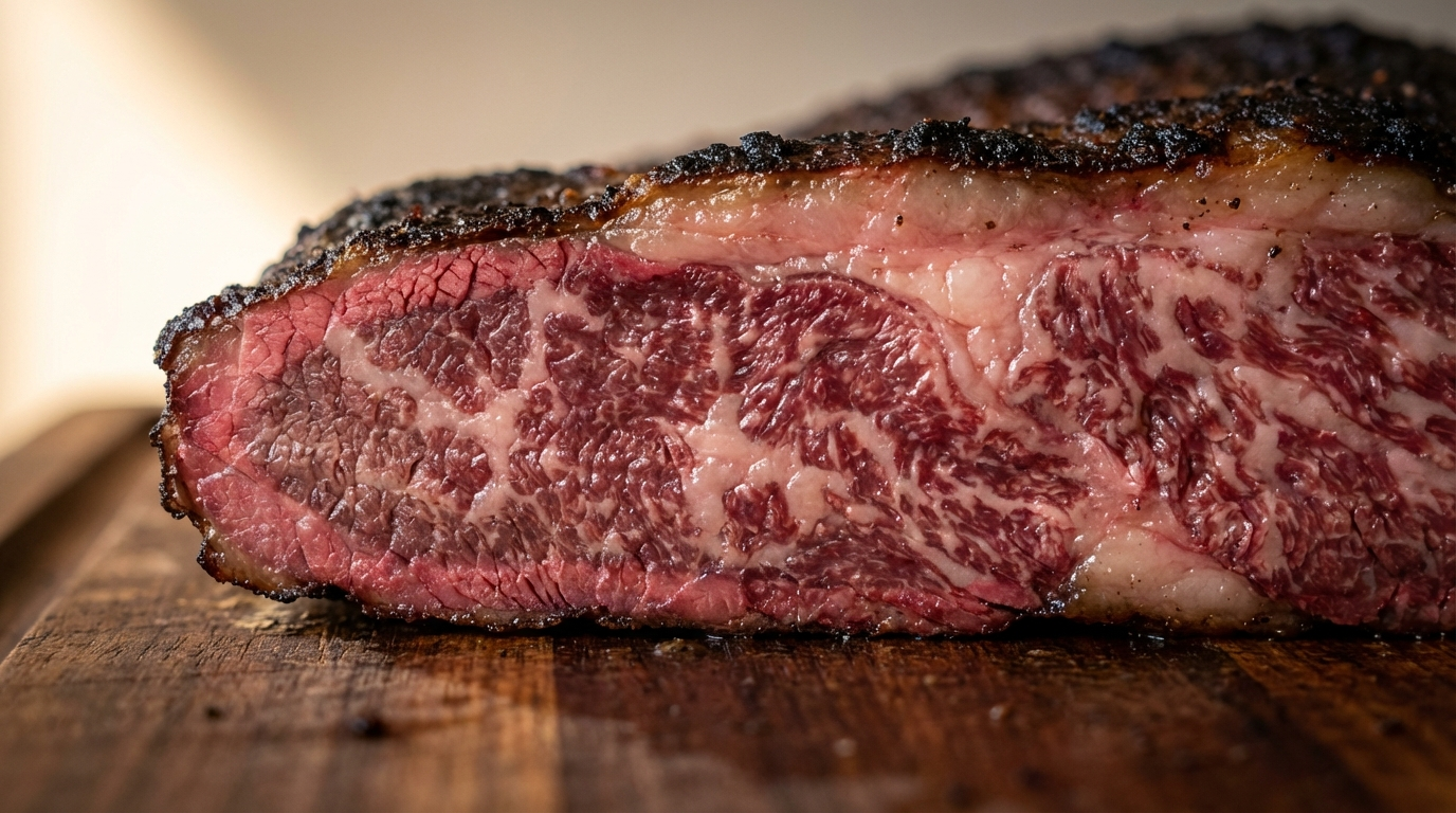 Cross-section of sliced wagyu brisket showing pink smoke ring and intramuscular marbling