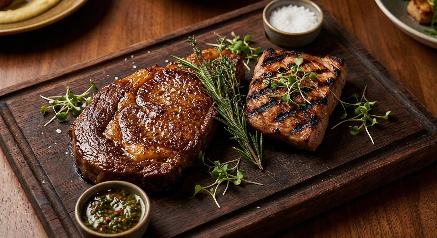 Cooked wagyu ribeye steak next to seared Ibérico pork secreto showing rich caramelized crust on both