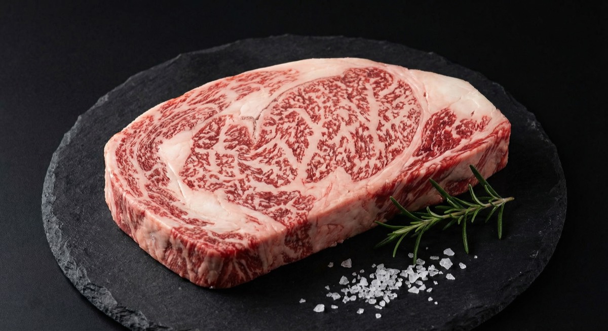 Japanese A5 wagyu ribeye showing BMS 10+ marbling