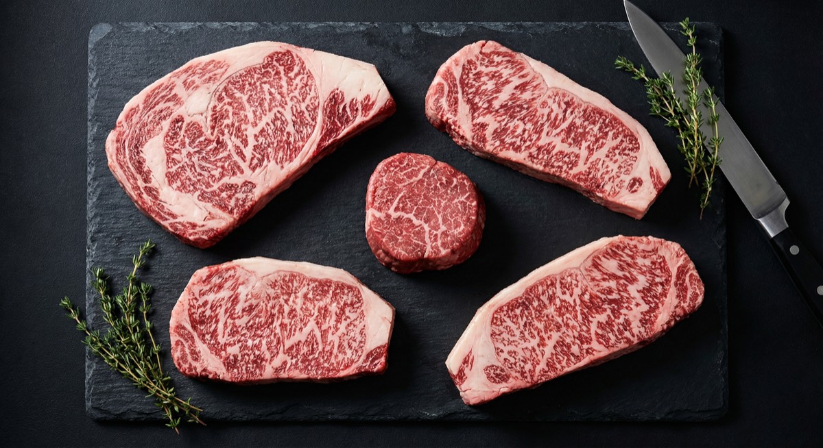 Various wagyu cuts displayed showing different marbling levels