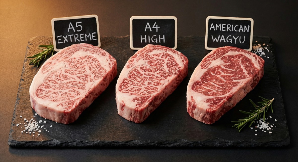 Comparison of different wagyu grades showing marbling differences