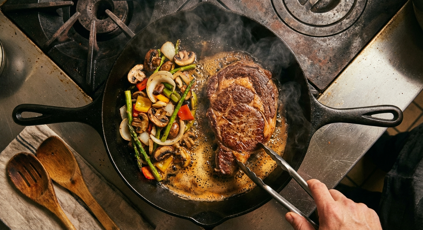 Cast iron skillet with melted wagyu tallow being used to sear vegetables and steak
