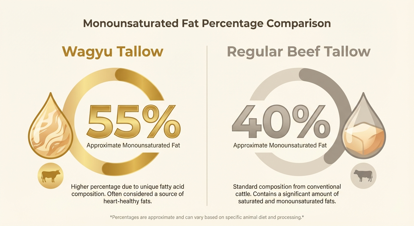Infographic showing monounsaturated fat percentages in wagyu tallow versus regular beef tallow