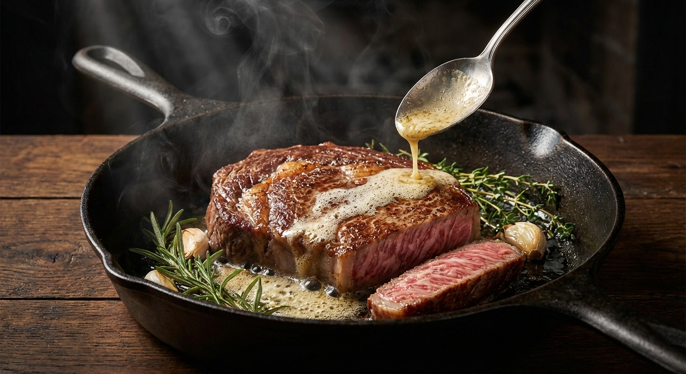Wagyu steak searing in cast iron skillet with butter baste rosemary and thyme showing extreme marbling