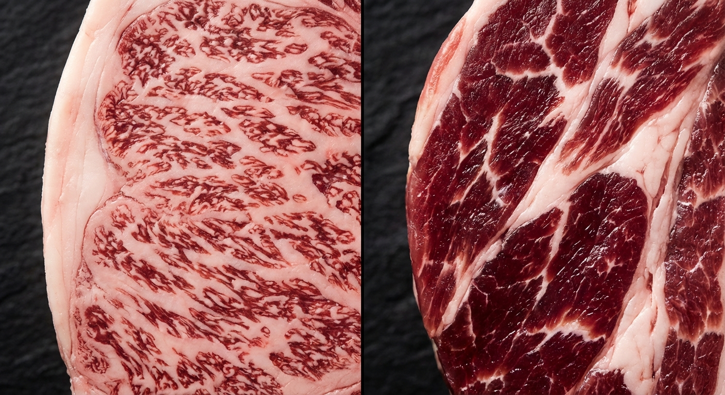 Close-up comparison of wagyu beef marbling pattern versus Ibérico pork marbling showing fine fat webbing in both