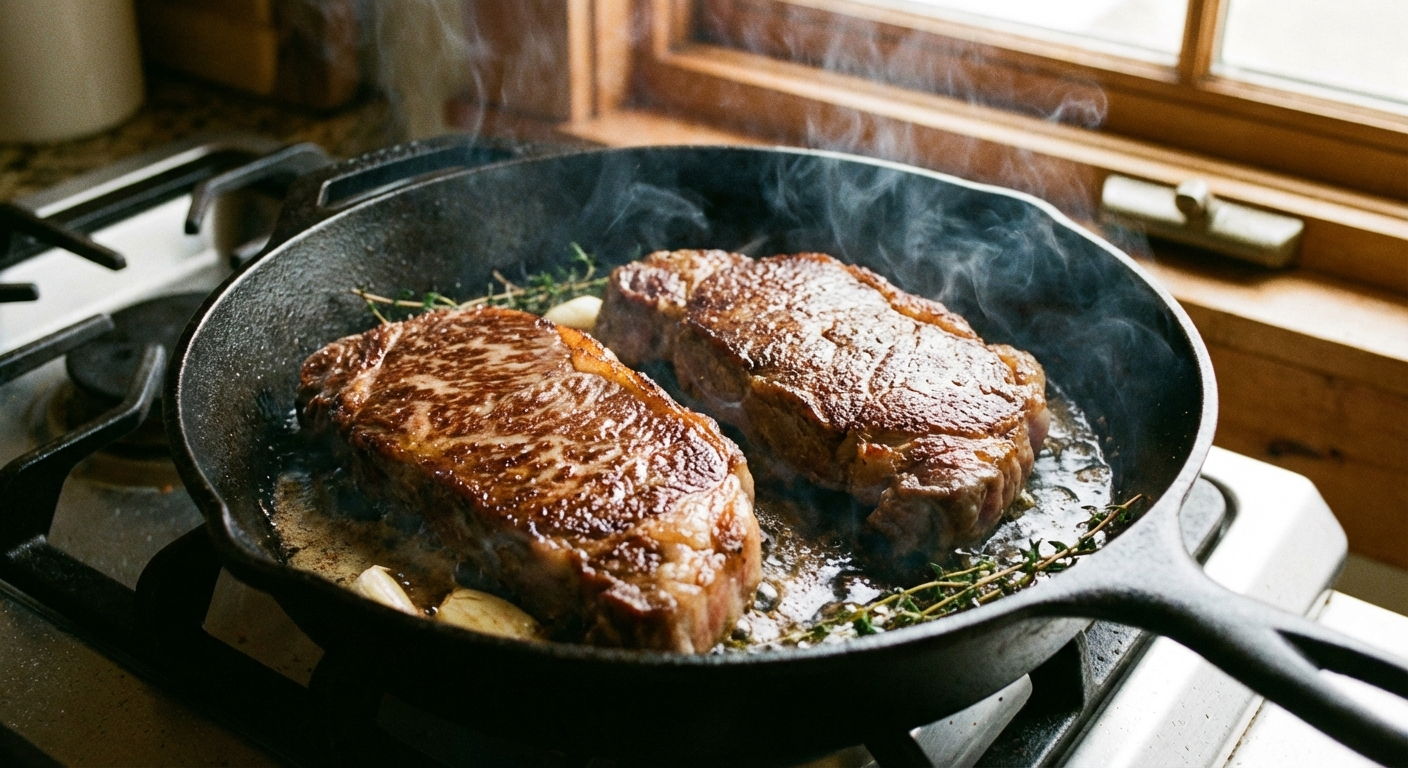 Wagyu New York strip and regular New York strip searing side by side in a cast iron skillet