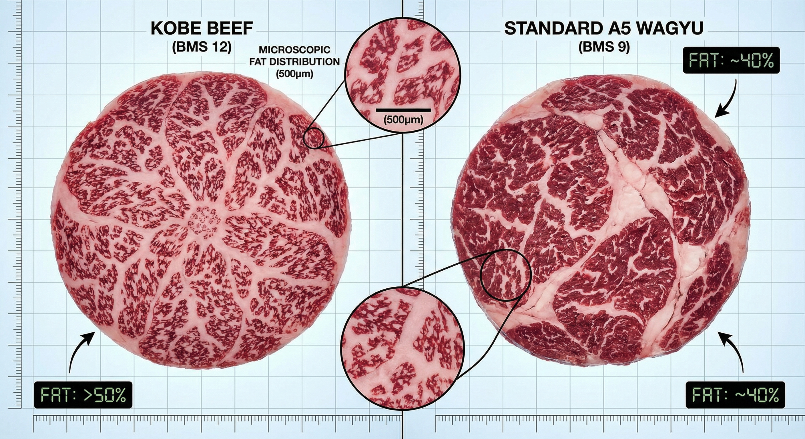 Cross-section comparison of Kobe marbling vs standard A5 Wagyu showing fat distribution patterns