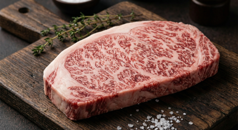 Close-up of Miyazaki A5 wagyu showing extreme BMS 12 marbling - AI generated