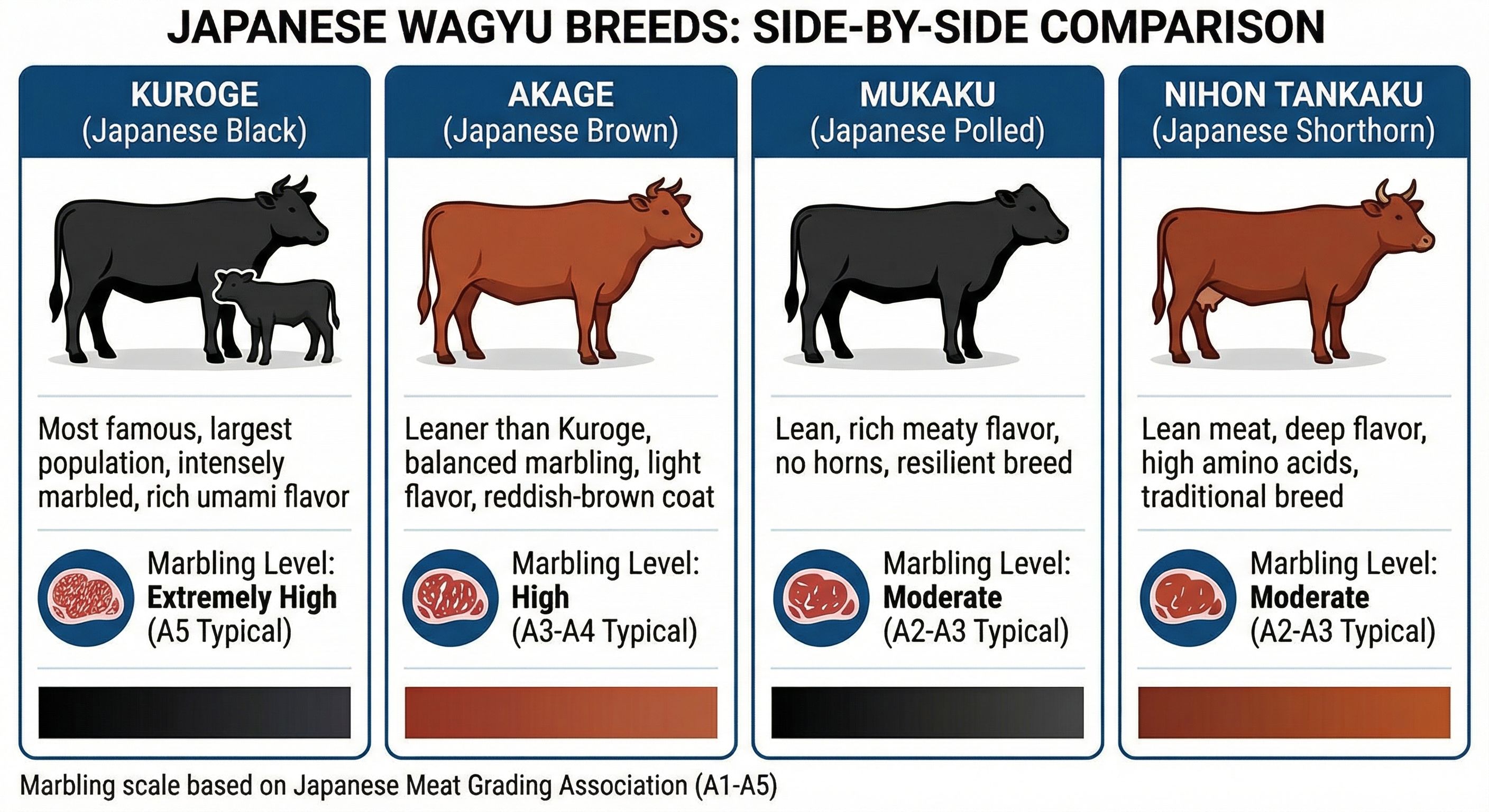 Japanese Wagyu cattle breeds comparison chart showing Kuroge, Akage, Mukaku, and Nihon