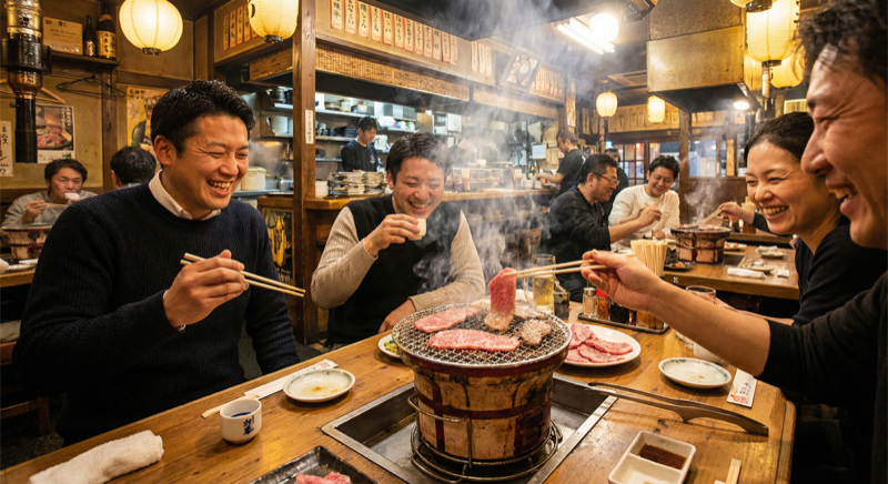 Premium wagyu being grilled yakiniku style with visible smoke - AI generated